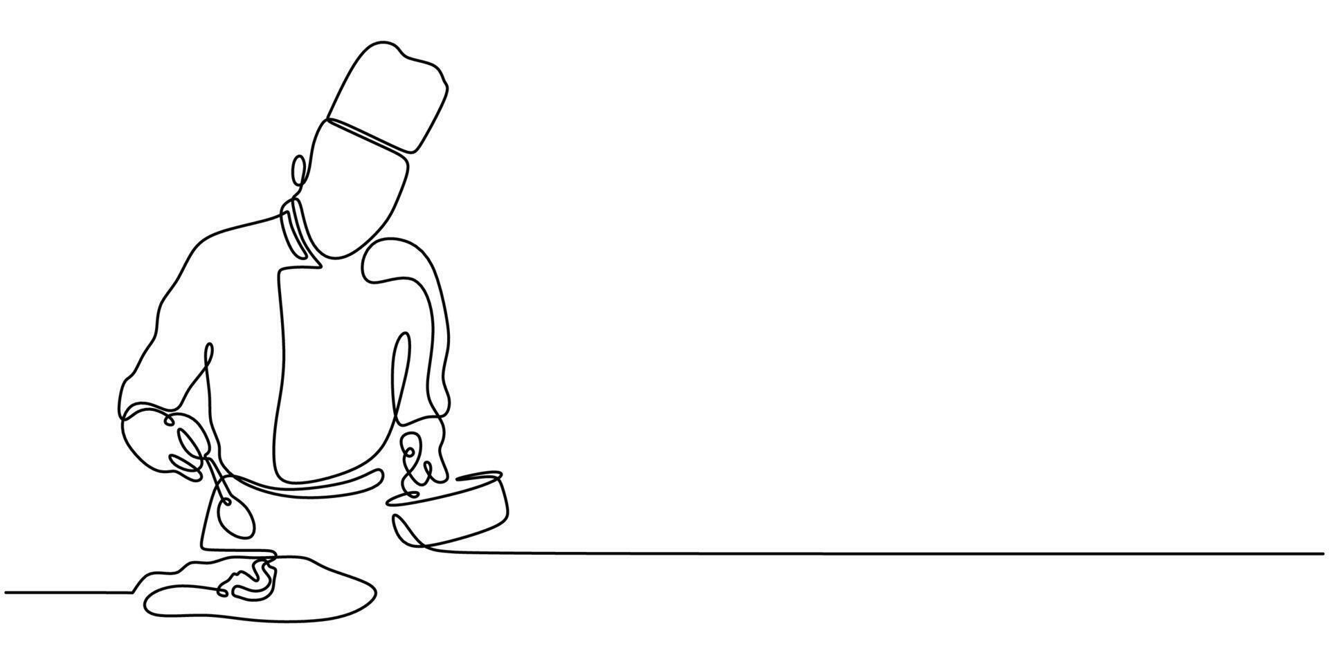 Chef serving food one line drawing vector