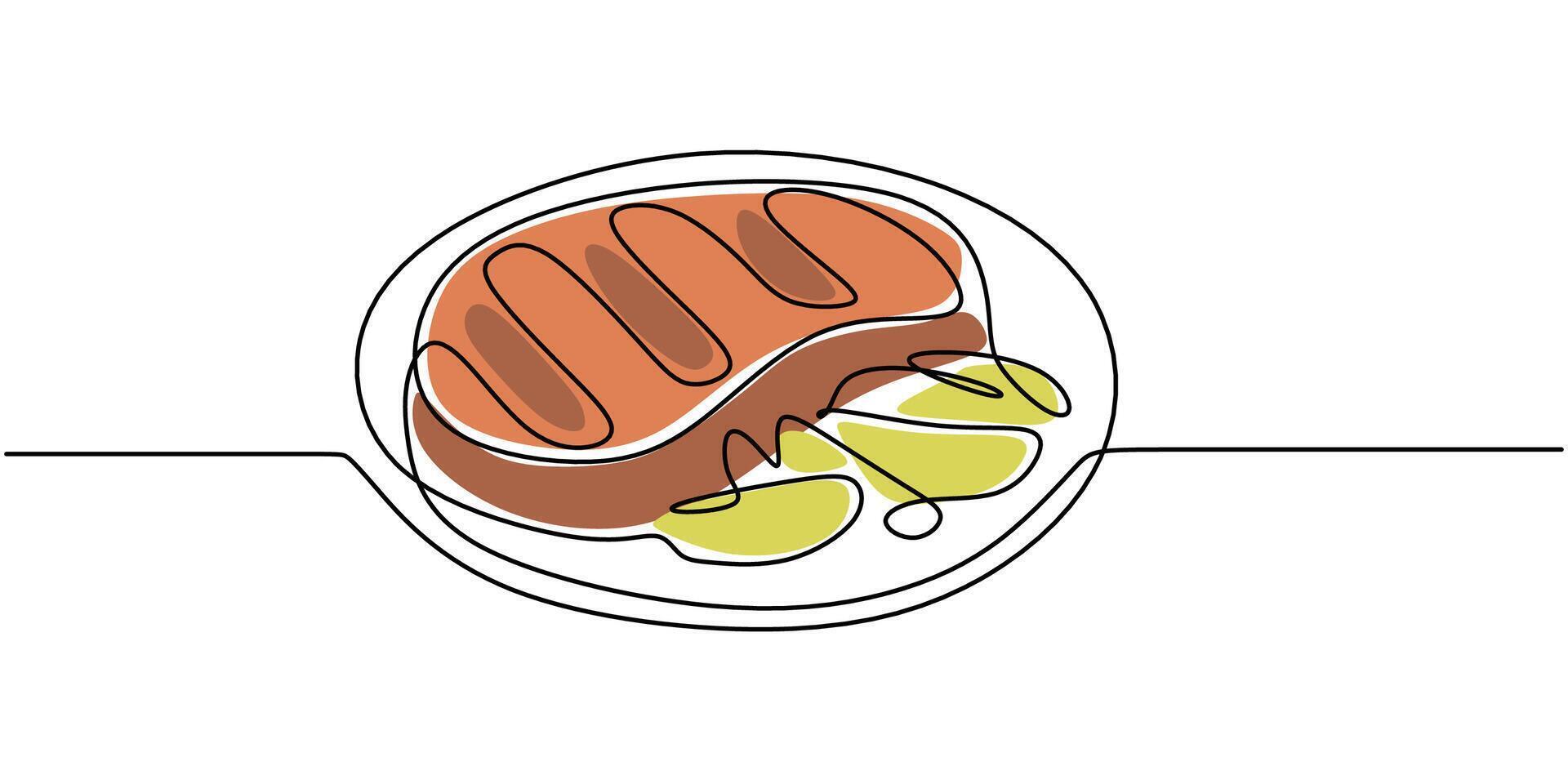 Steak and vegetables one line drawing vector