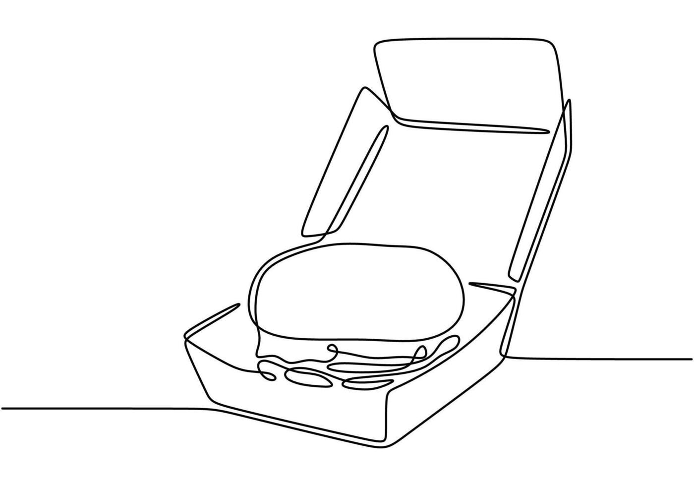 Hamburger in a box illustrated in continuous line drawing. Fast food takeaway concept design. vector