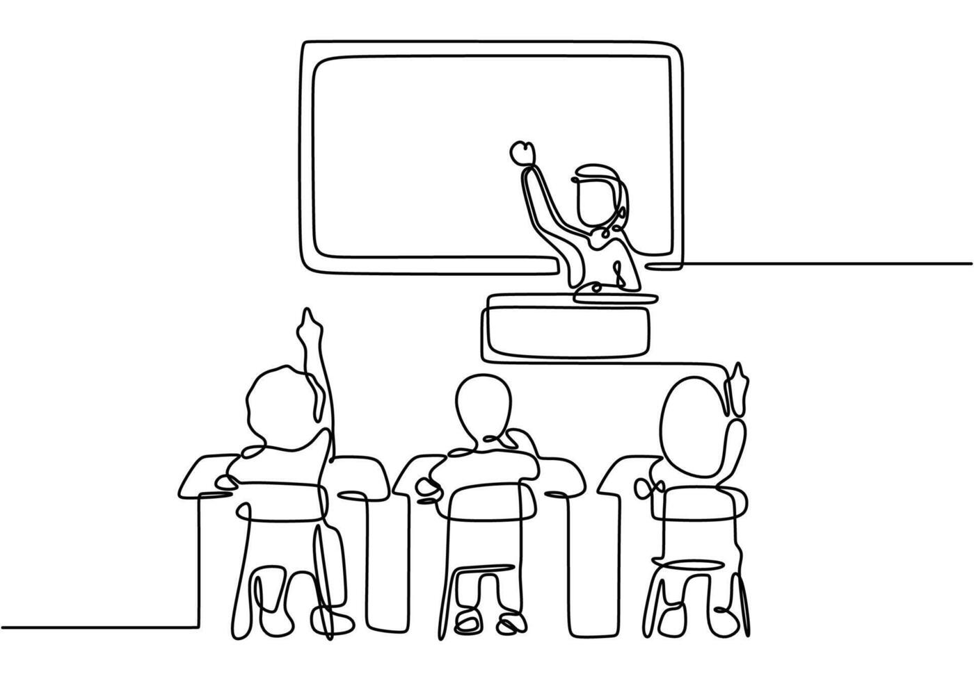 Classroom learning in continuous line drawing. Teacher with students focusing on interactive education. vector