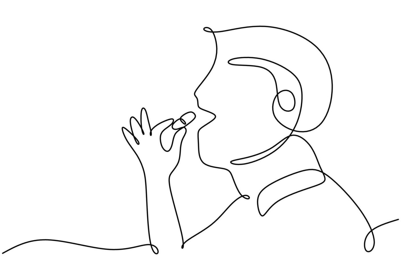 Individual Taking Medicine in One Line Drawing. Simple healthcare concept, capsule consumption illustration. vector