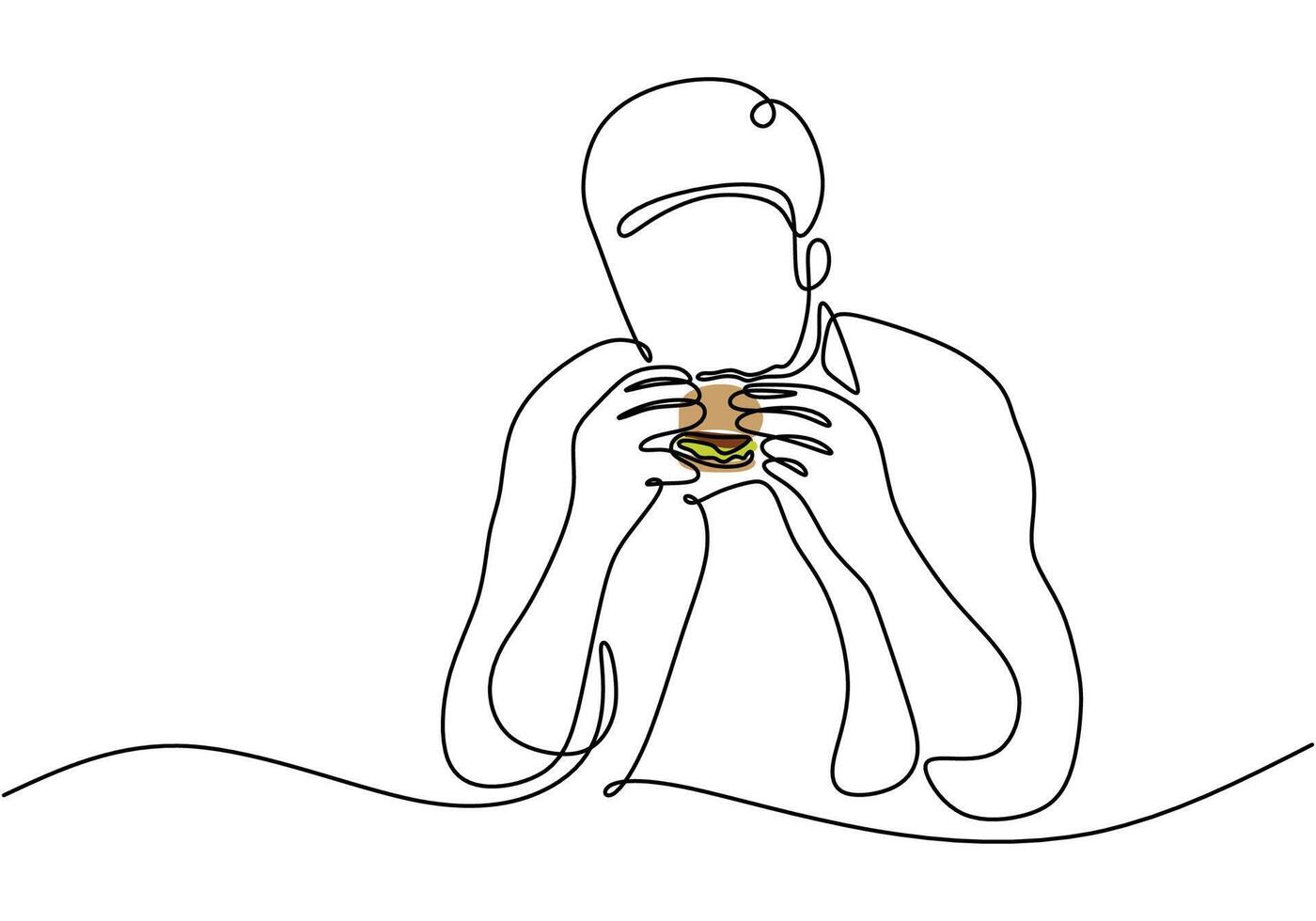 Continuous line drawing of a man eating a burger. Illustration for food and drink concepts. vector