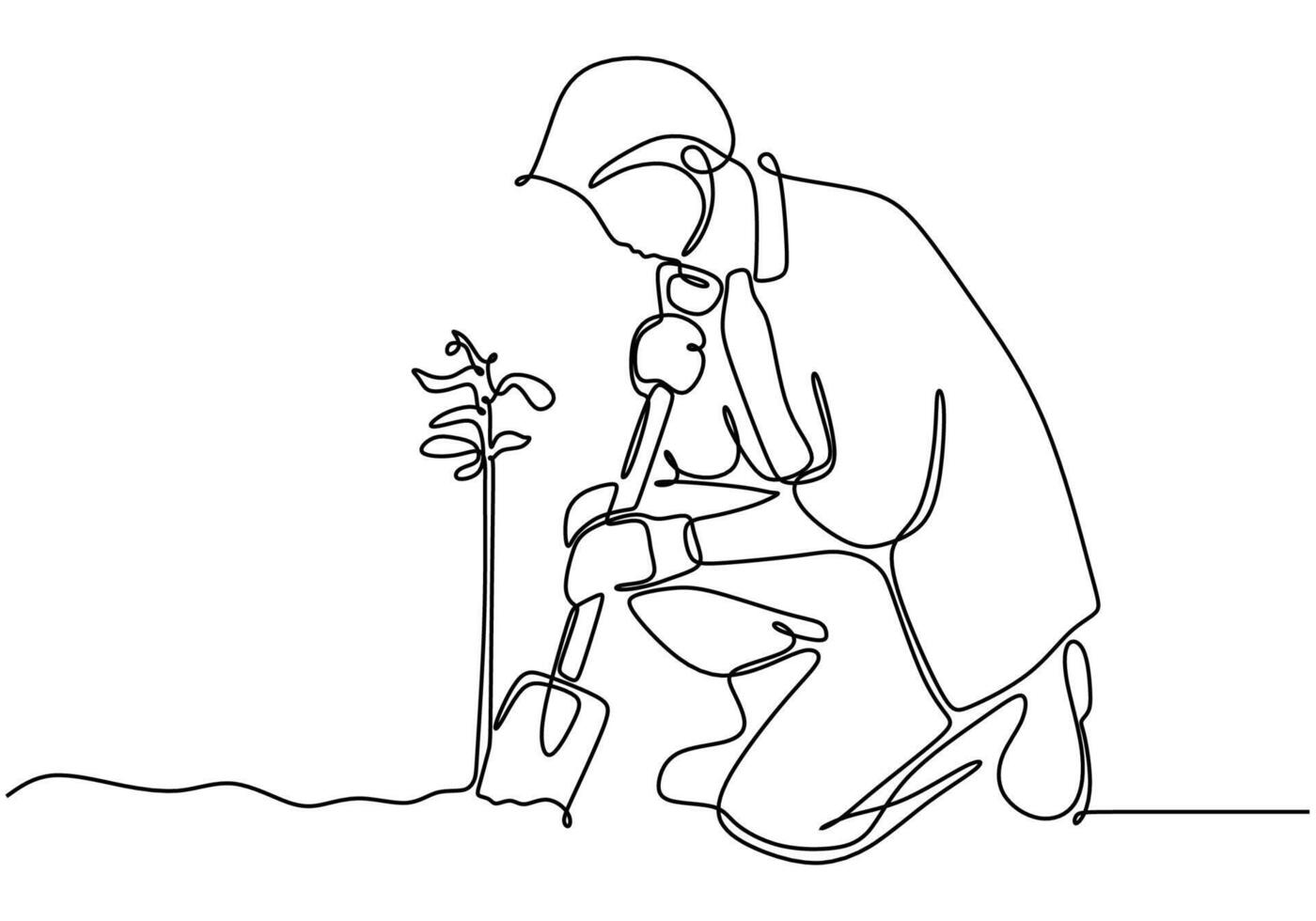 Man planting with shovel line art vector