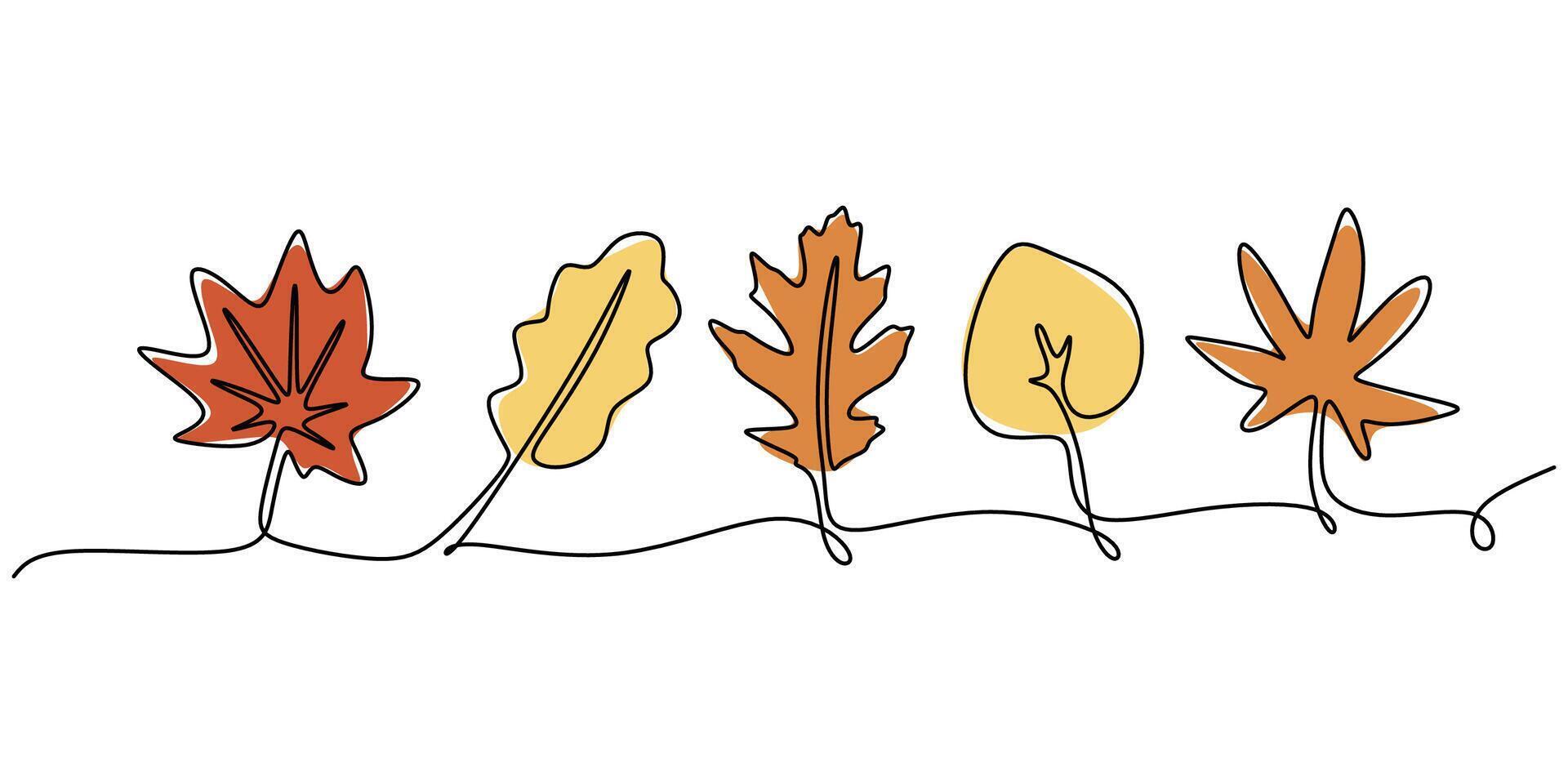 Autumn leaf decoration in one line drawing. Nature symbols for the season. vector