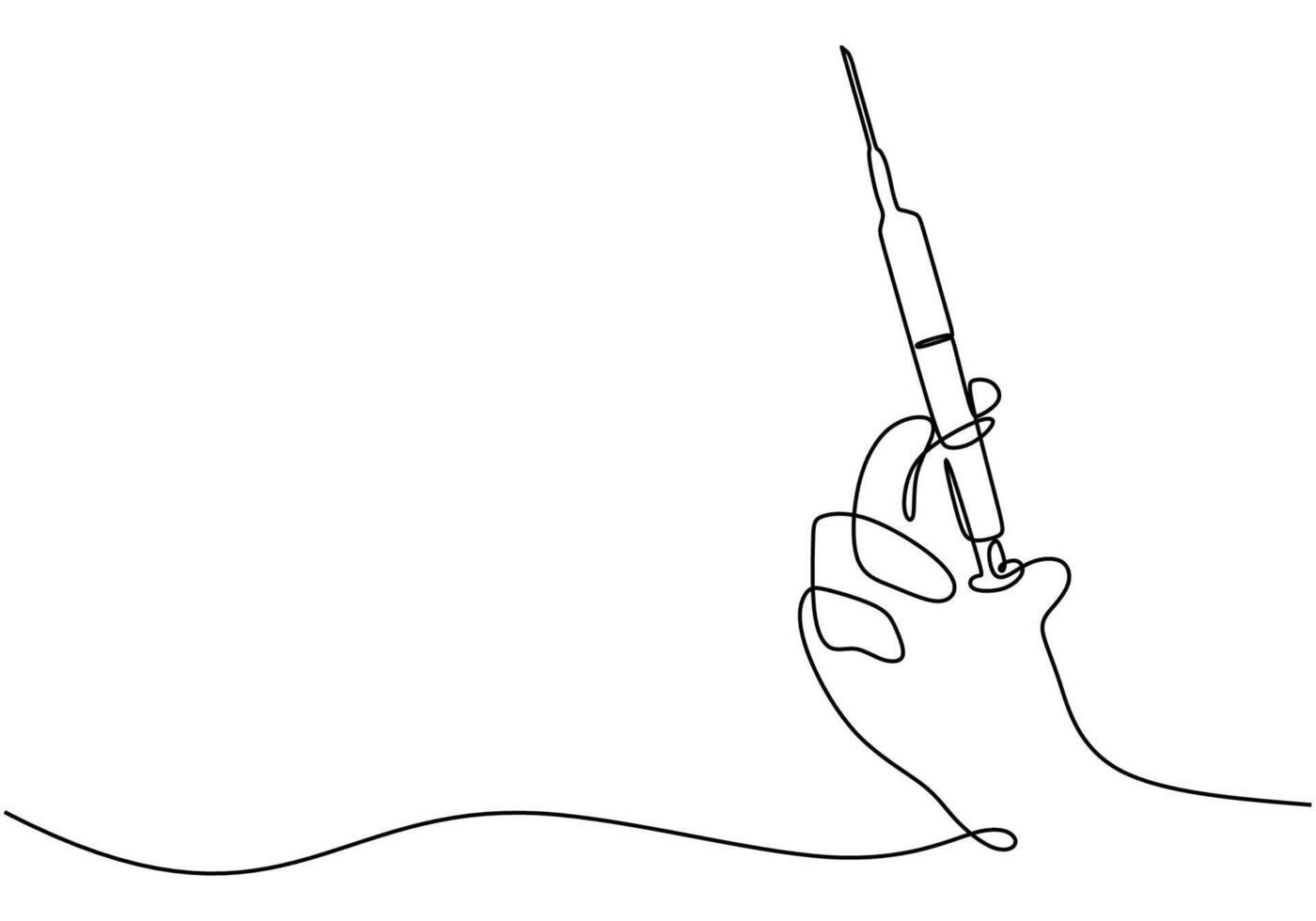 Hand Holding Syringe Line Drawing. Minimalist healthcare concept with needle and syringe. vector