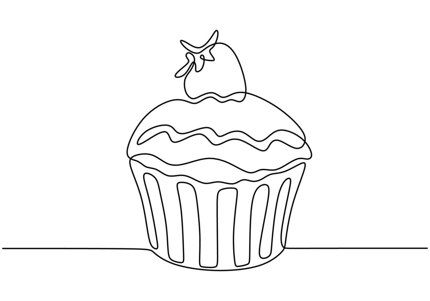 Continuous line drawing of muffin cake with strawberry. Food and drink concept design. vector