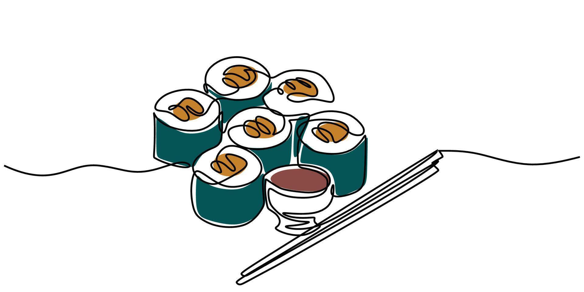 Sushi with chopsticks one line drawing vector