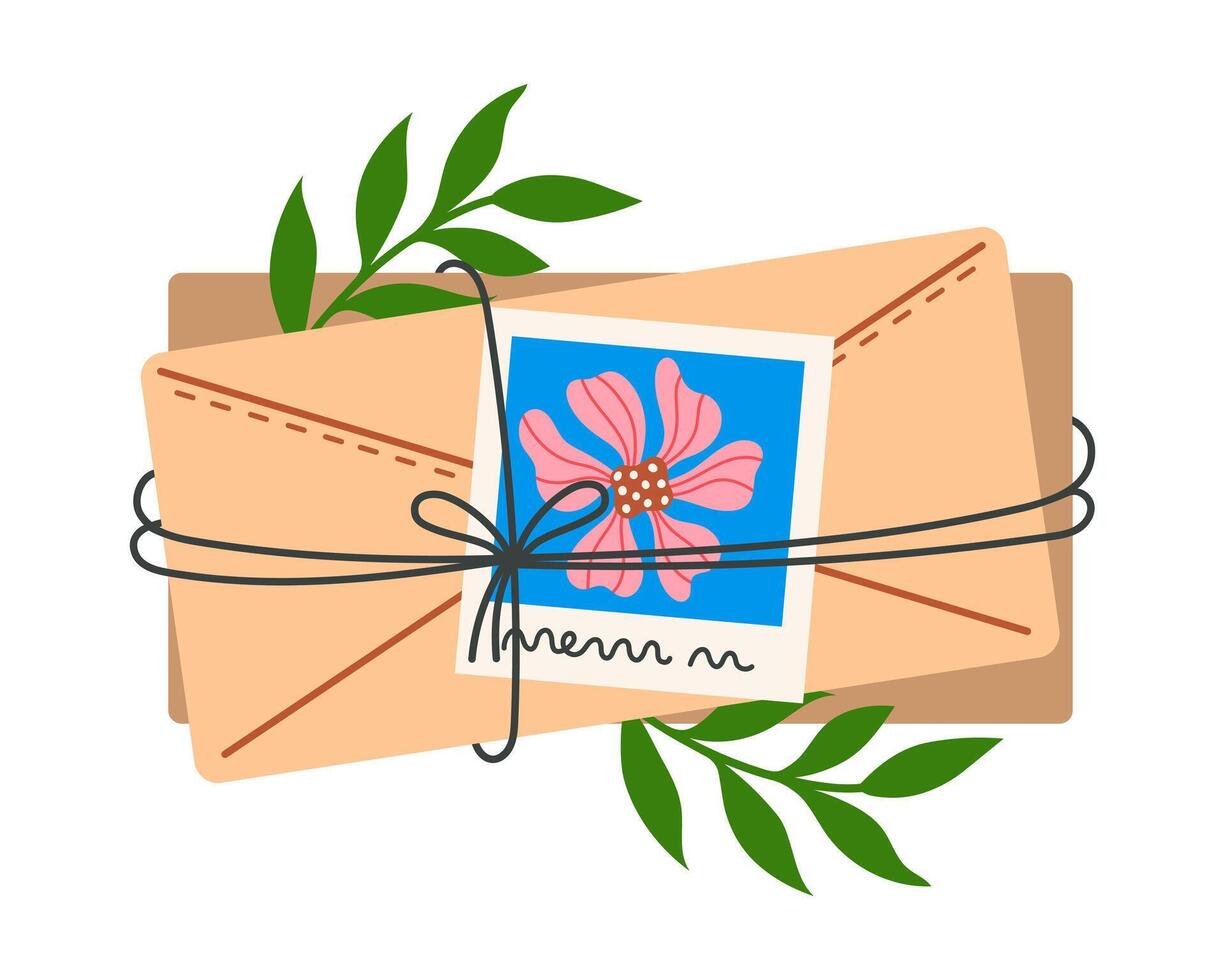 Stack of closed envelopes icon. Vintage letters tied with a string, bow. Cute photo with a flower, branches of a plant with leaves. Message, postcard. Postal correspondence, isolated on white vector