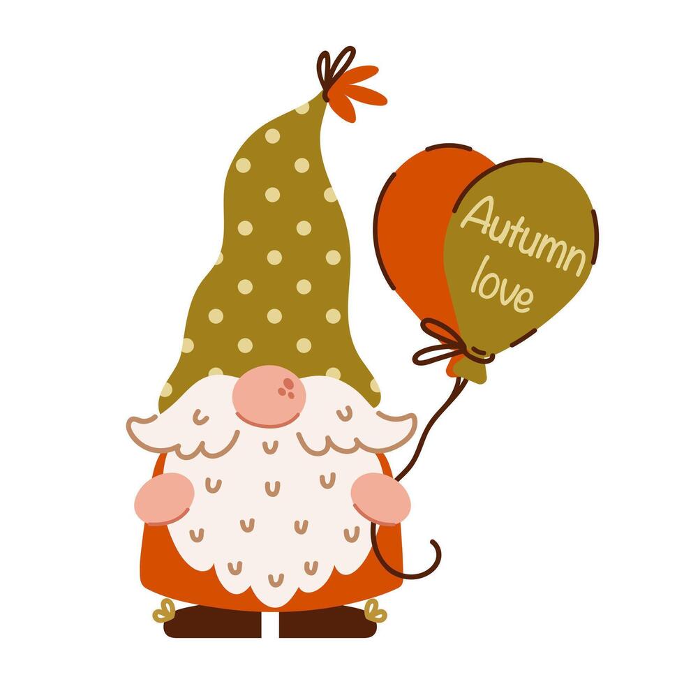 Funny autumn gnome. Cute gnome with a beard holds colorful balloons. Magic character of Scandinavian folklore. Dwarf in a polka dot hat. Cartoon flat clipart for Thanksgiving, fall party vector