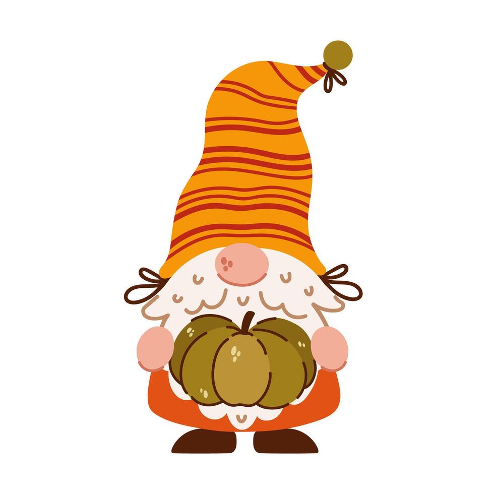 Cute autumn gnome. Funny bearded elf holds pumpkin, seasonal harvest. Magic character of Scandinavian folklore. Dwarf in colorful striped hat. Cartoon fall clipart for Thanksgiving, Halloween vector