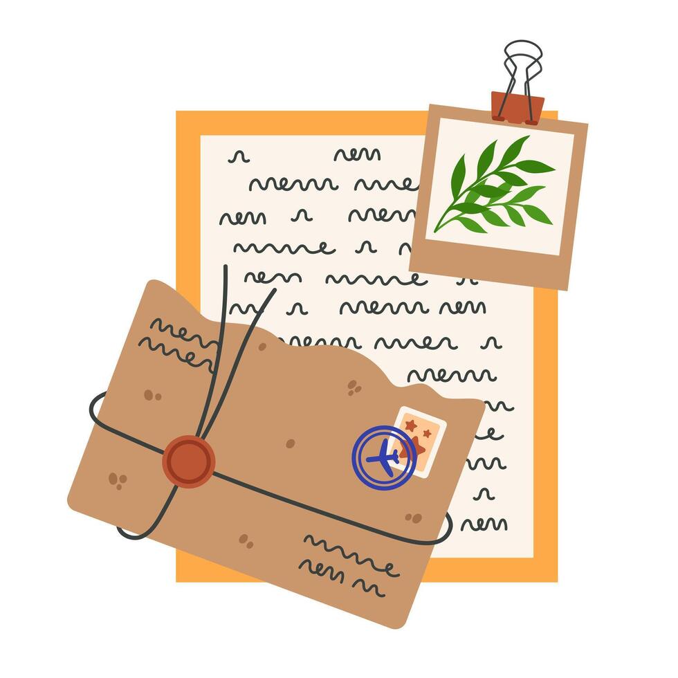 Vintage letter icon. Open envelope with post office stamp, wax seal, tied with string. Handwritten text on paper, photo of plant attached with binder clip. Message from trip, correspondence vector