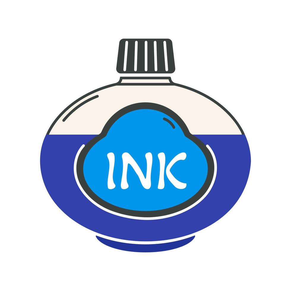 Glass bottle with blue ink icon. Transparent inkwell with label and stopper. Liquid for writing letters, handwriting, calligraphy. Stationery for school, office. Hand drawn color clipart vector