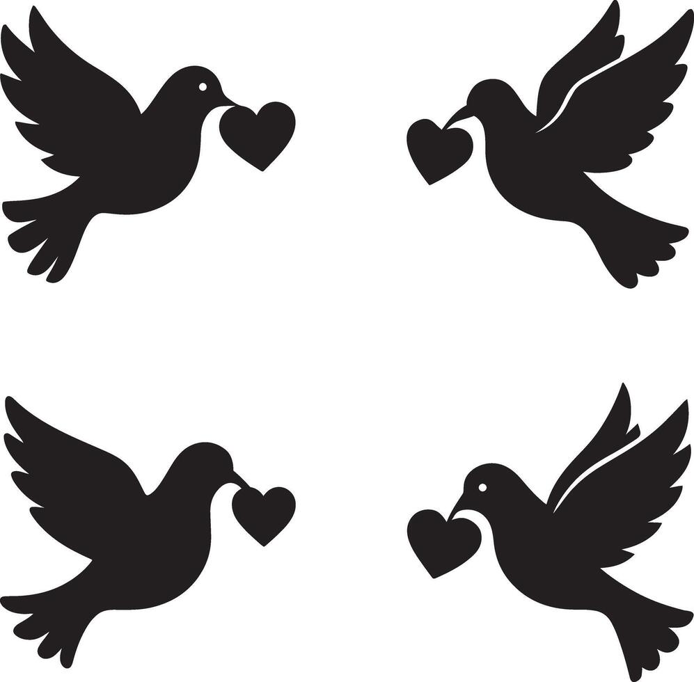 Romantic dove carrying heart in flat black silhouette illustration bundle set for love theme vector