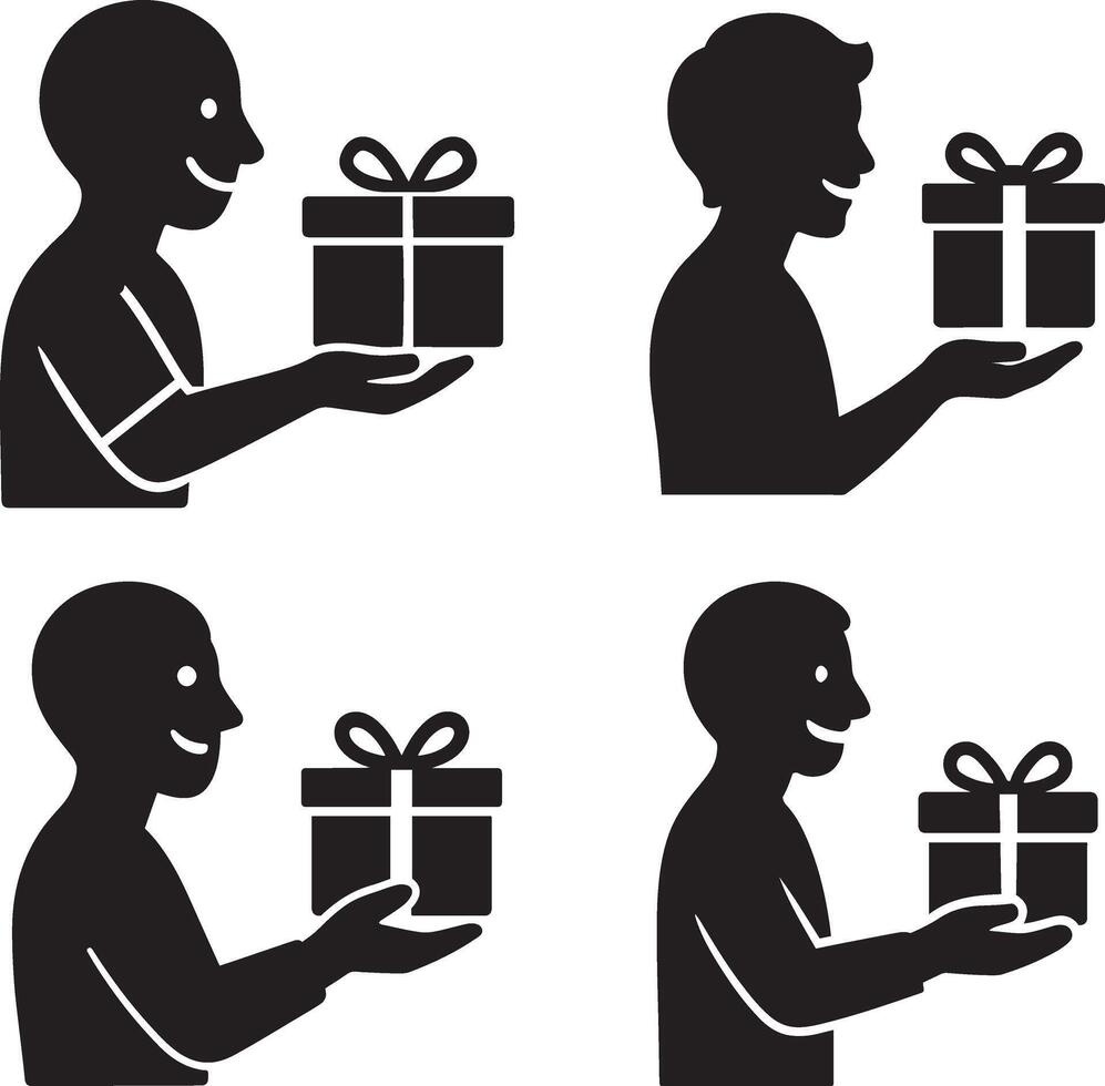 Person giving gift box in flat black silhouette illustration bundle set for celebration and kindness theme vector