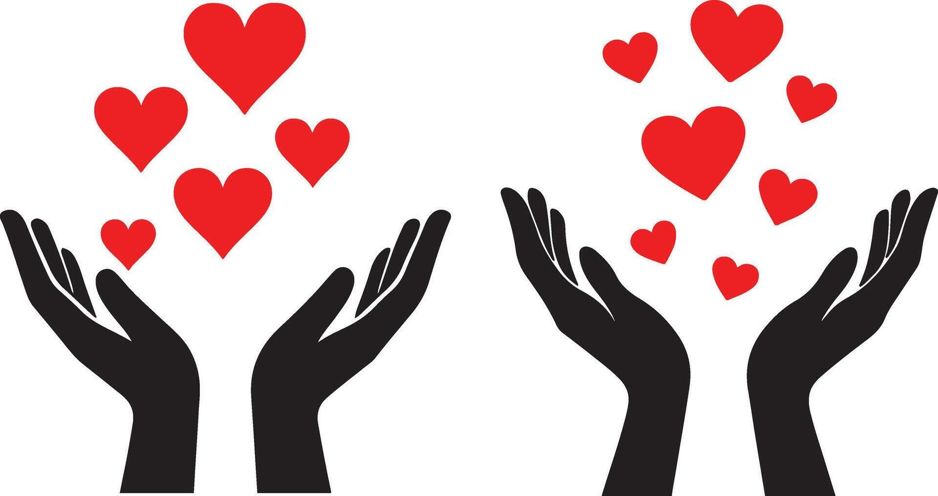 Hands releasing flying red hearts in flat black silhouette illustration bundle set for love design vector