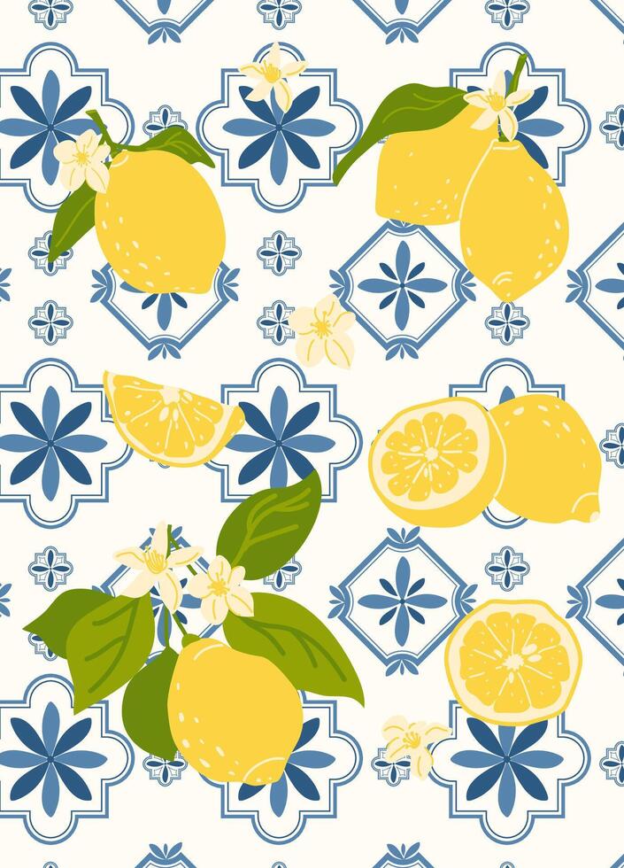 Background with Italian geometric tiles and lemon branches with flowers. Summer wallpaper of the Amalfi Coast. Traditional blue geometric background texture. illustration vector