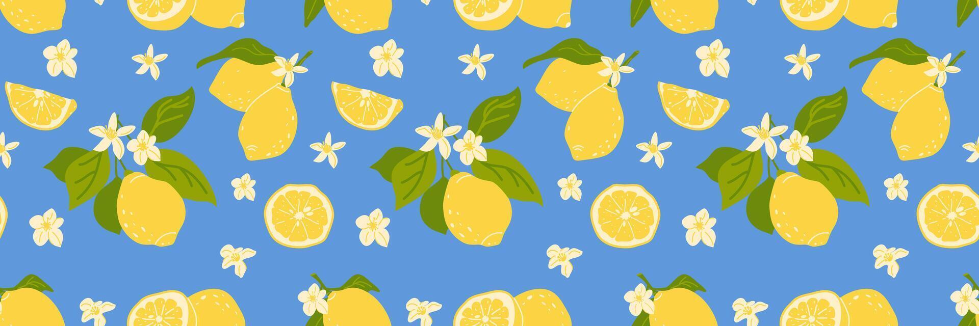 Hand-drawn vintage seamless pattern with yellow lemons on a blue background. Summer Mediterranean print. Fashionable Mediterranean background for paper, covers, fabric vector
