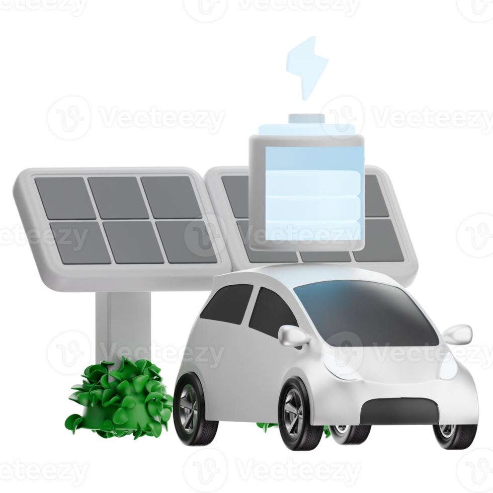 Solar Panel Charging Electric Car 3D Illustration png