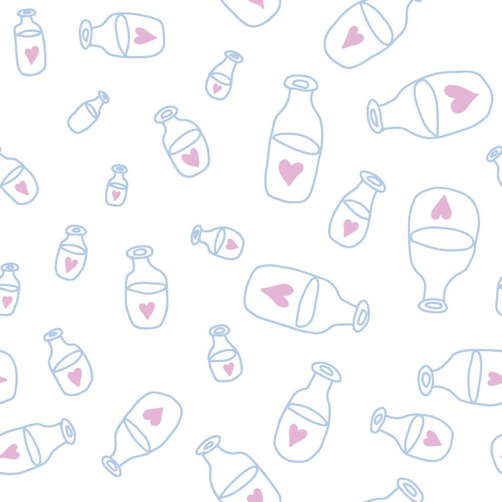 Blue outline hand drawn bottles with hearts seamless pattern . Pink and blue cute doodle objects on white. vector