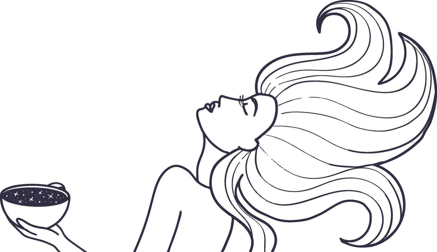 Lovely sexual free woman with the cup with little stars. Her back is naked, eyes are closed. The hair are frozen in a wave. vector