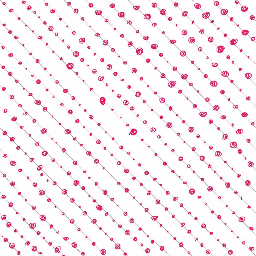 Hand drawn ink diagonal lines with dots dot circles pink color on white. Seamless pattern vector