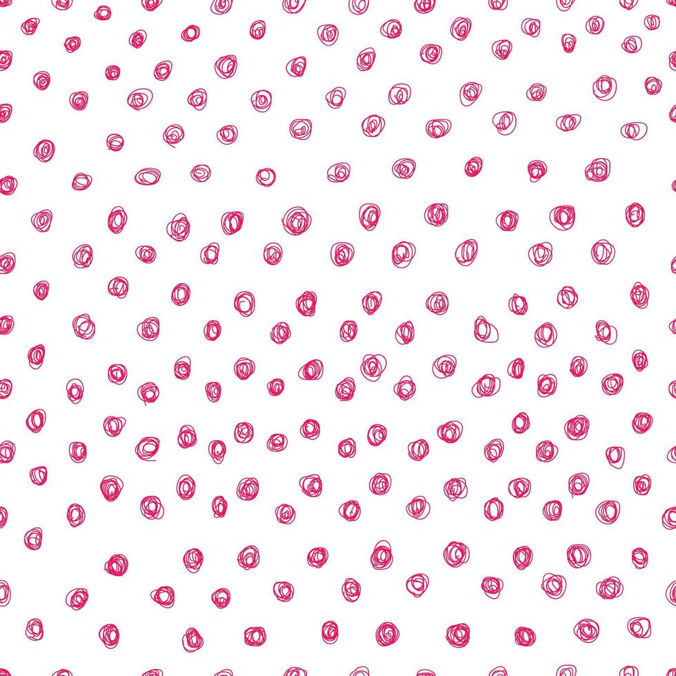Hand drawn ink polka dot circles pink color on white. Seamless pattern vector