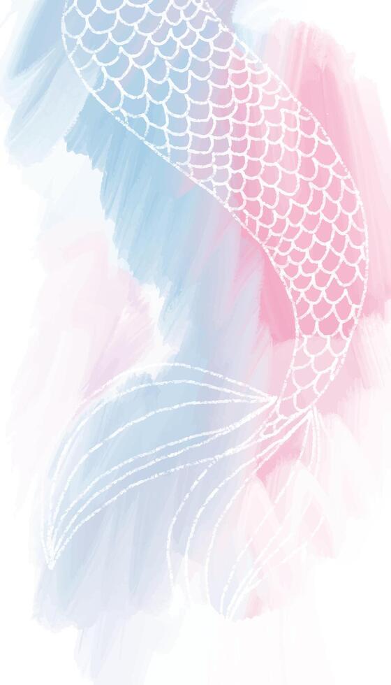 Mermaid chalk tail hand drawn on watercolor background. vector