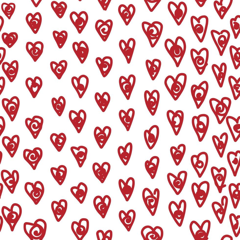 Hearts with spiral dots polka dot seamless pattern hand drawn. Red doodle symbols on white. vector