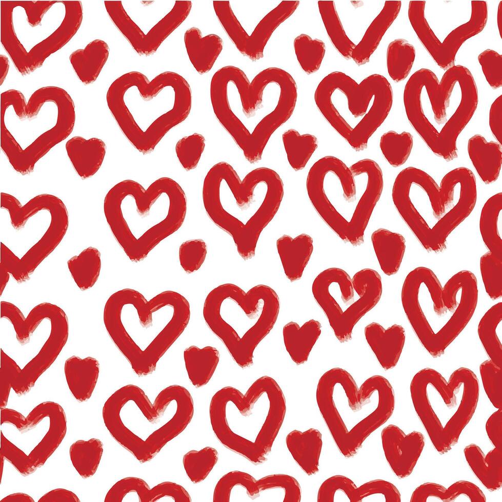 Hearts big and small polka dot seamless pattern hand drawn. Red doodle gouache splashes symbols on white. vector