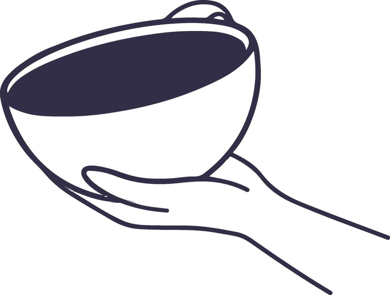 Line illustration of hand holding white cup with the drink. The palm supports bottom from below. Hand drawn icon vector