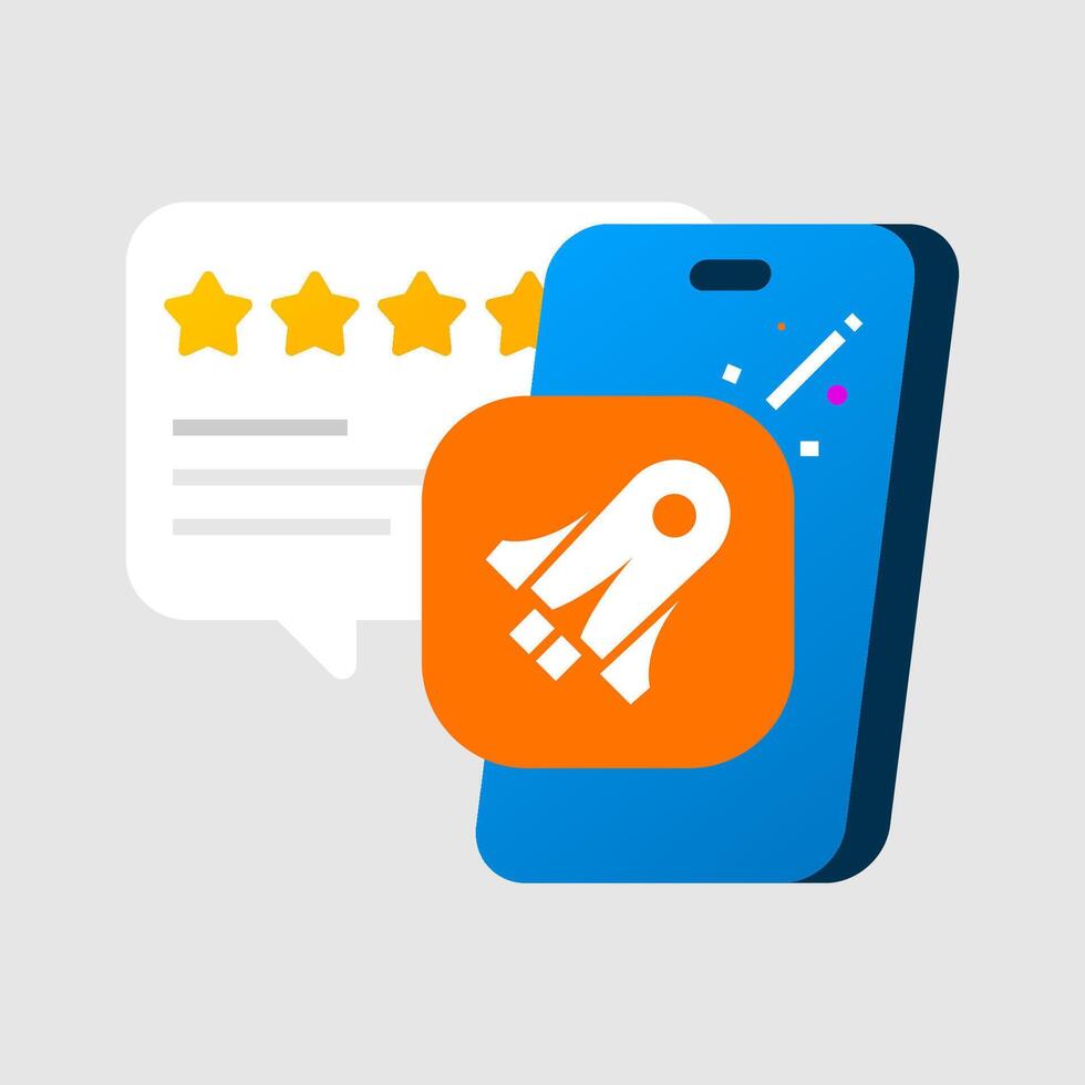 Illustration of smartphone screen displaying app icon with star ratings and user review section. for concepts such as app feedback, rate this app, user experience, and mobile application review vector