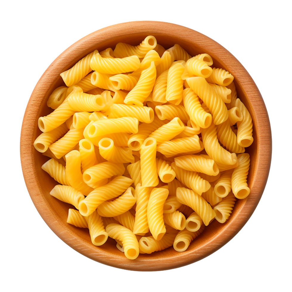 Delicious macaroni pasta arranged in wooden bowl top down on transparent background png