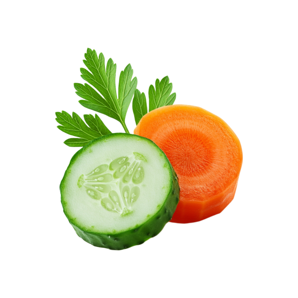 Sliced cucumber and carrot with leaf on transparent background png