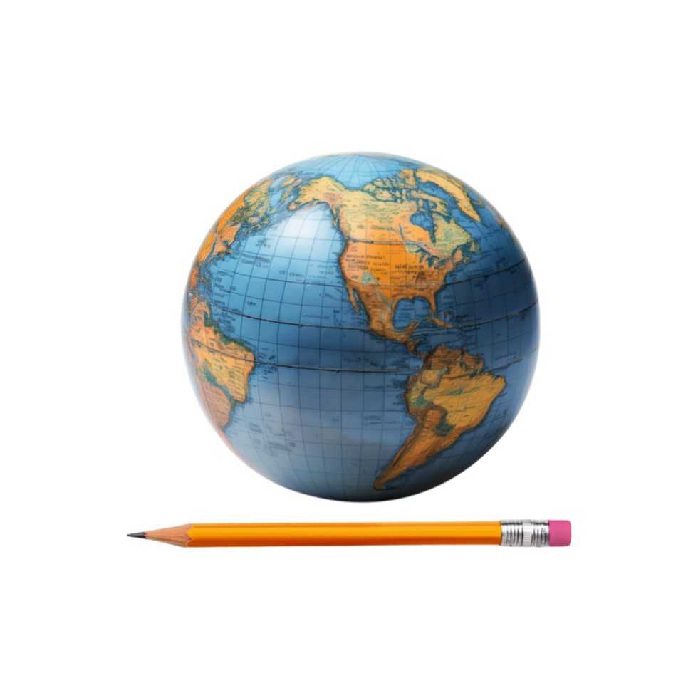 Education globe with realistic pencil on transparent background png