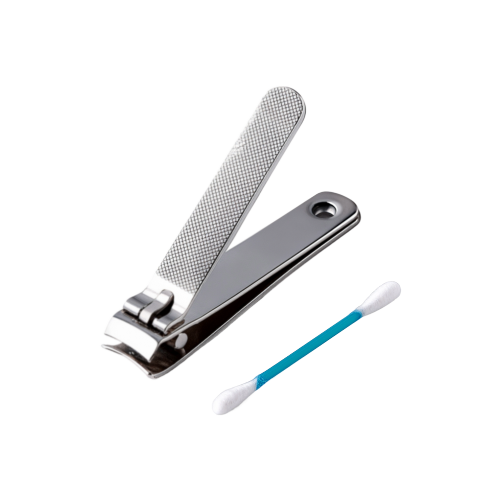 Realistic nail cutter with cotton ear bud on transparent background png