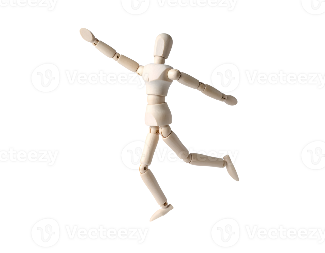 A wooden mannequin is jumping in the air png