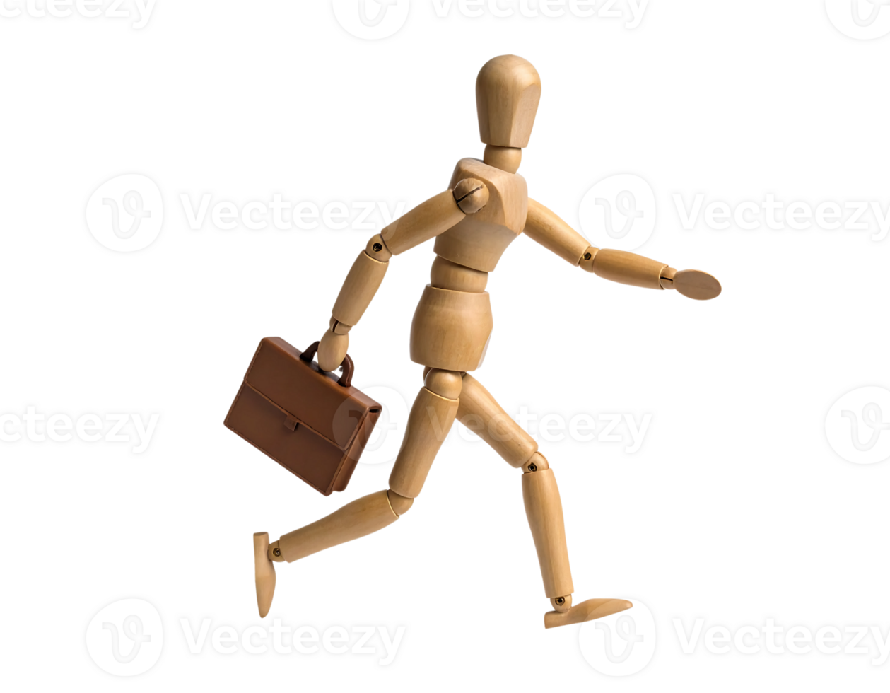 A wooden mannequin with a briefcase running png