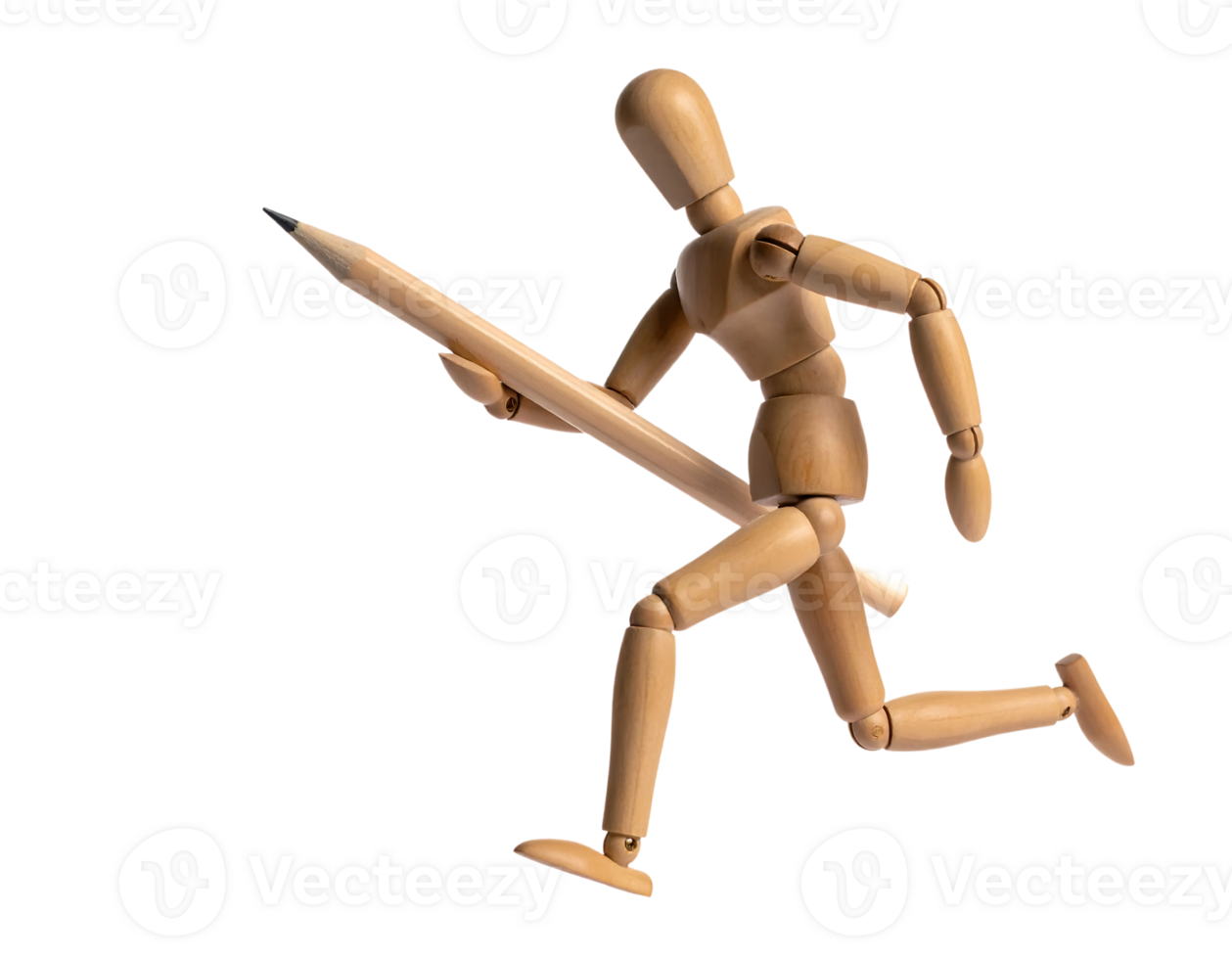 A wooden mannequin is running with a pencil png