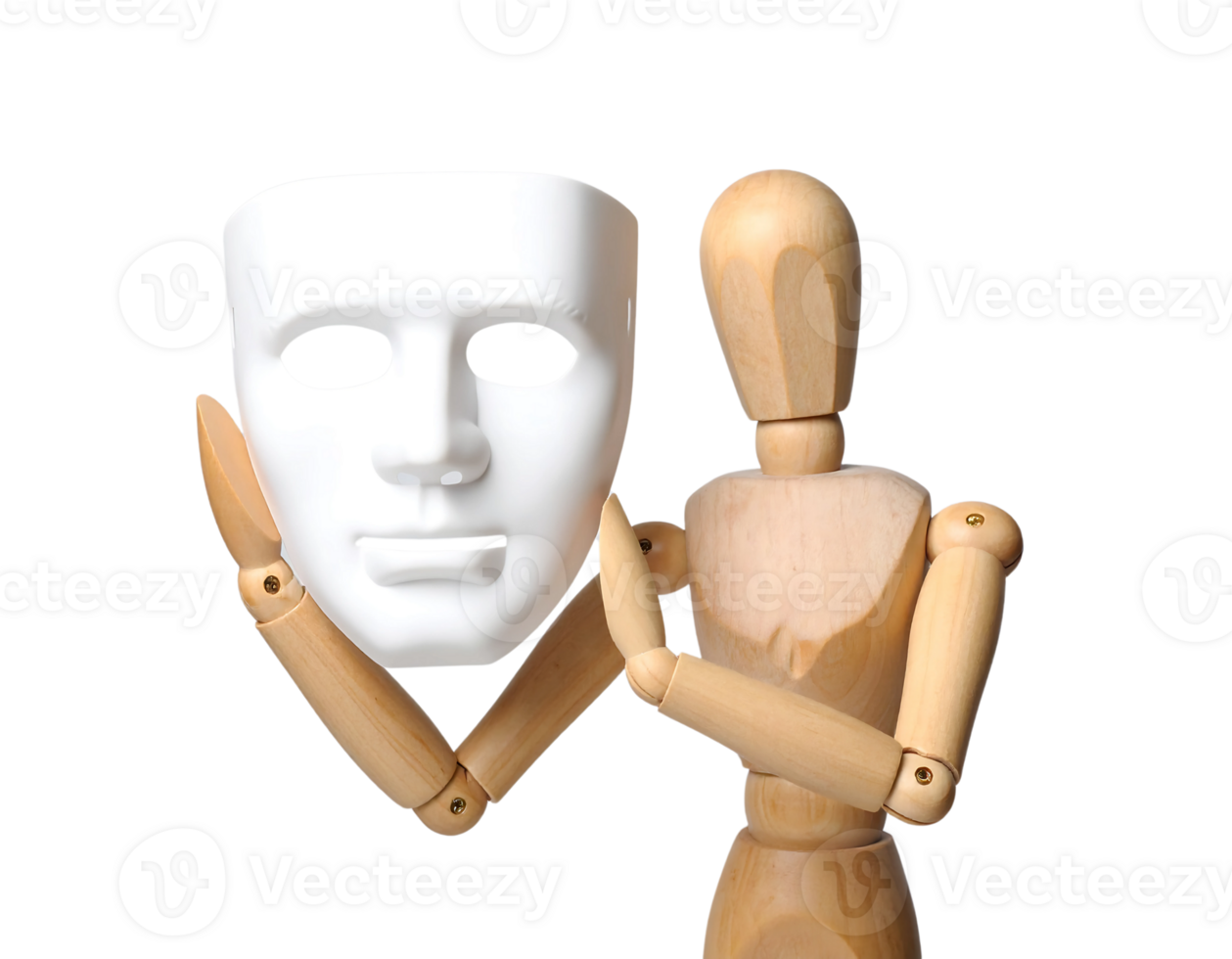 A wooden man holding a white mask png