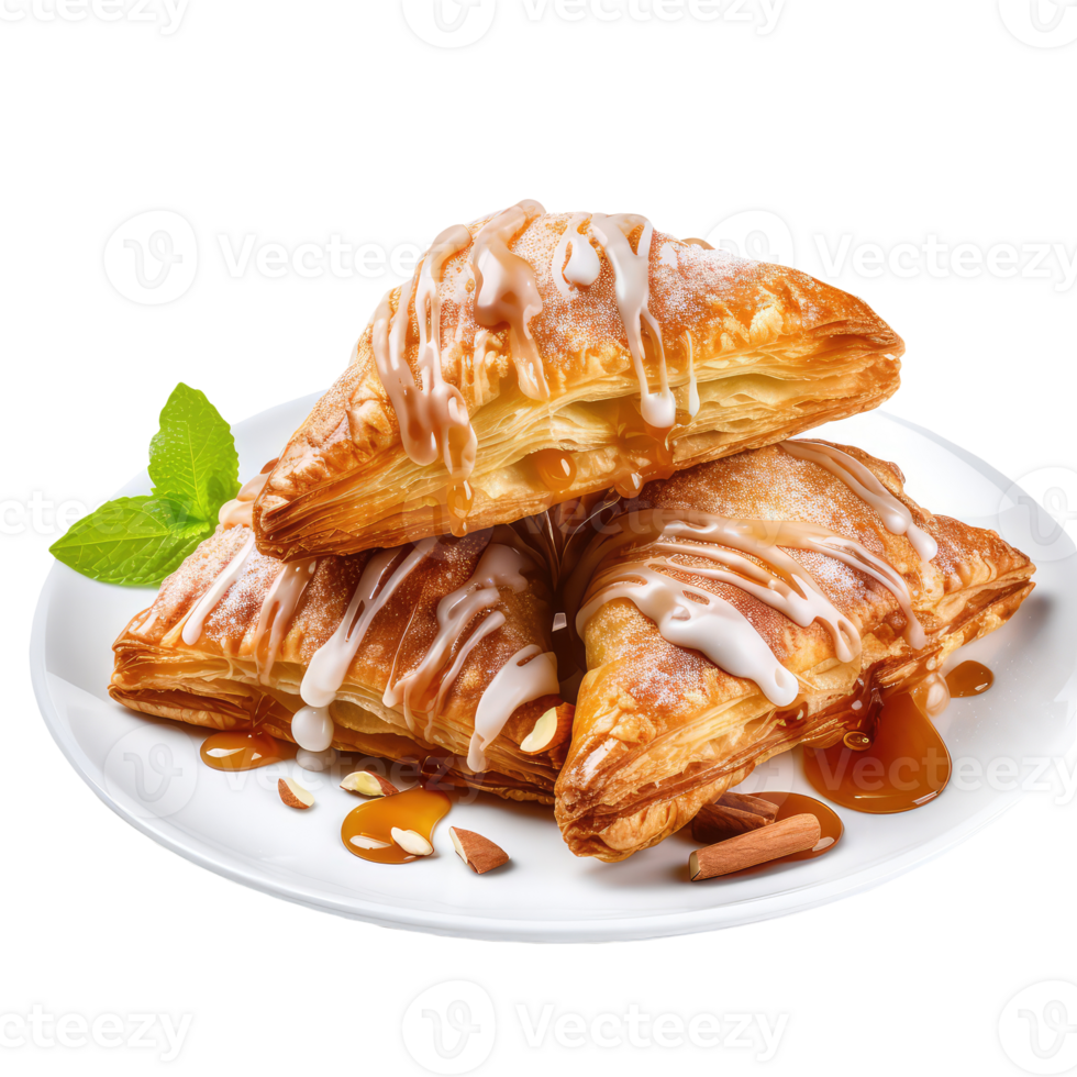 Three pastry pieces with caramel and nuts on a plate png