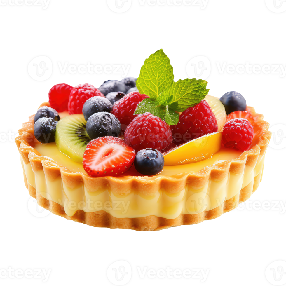 A pastry with berries and mint leaves. png