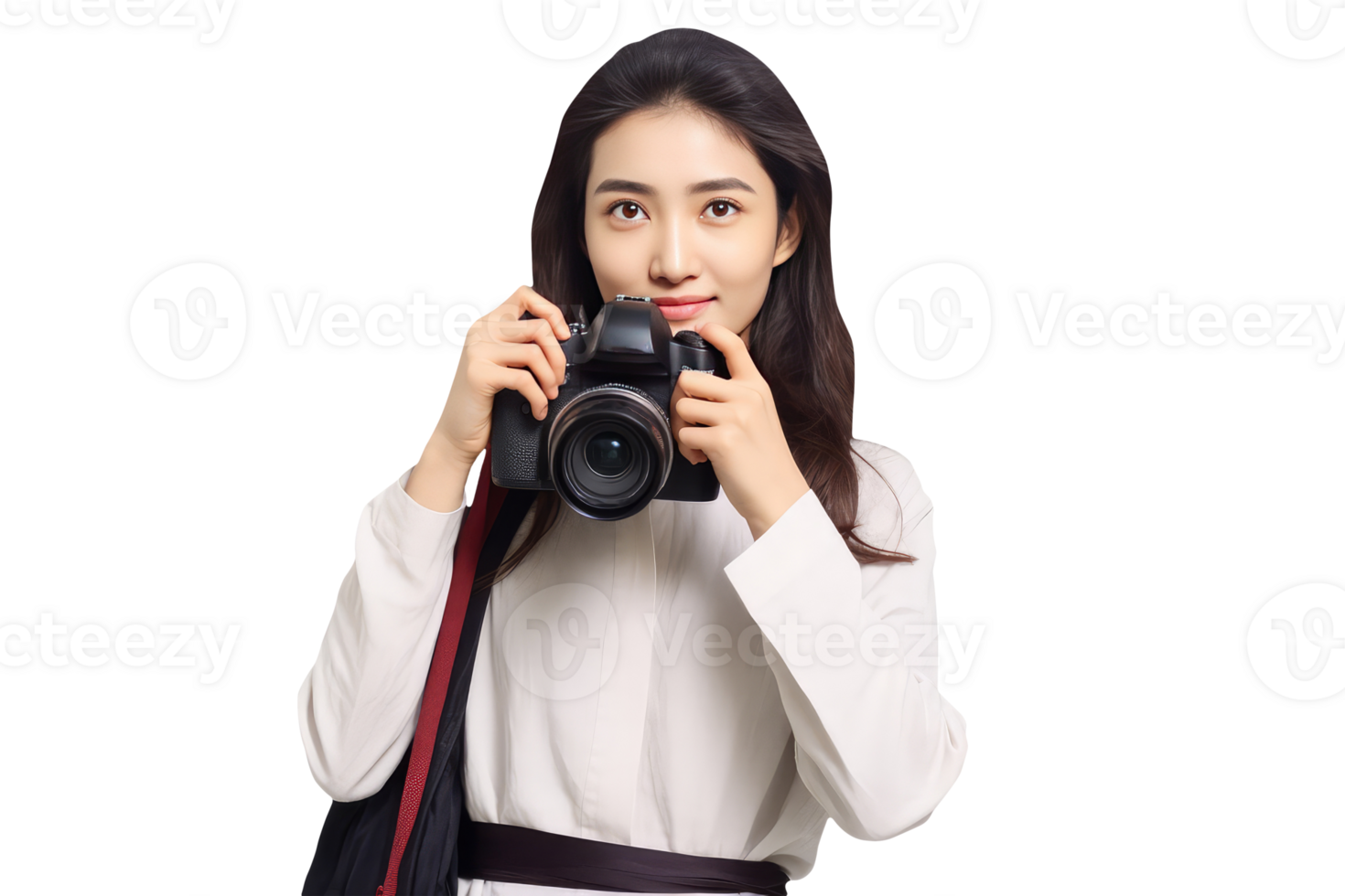 A beautiful woman holding a camera and posing for the camera png