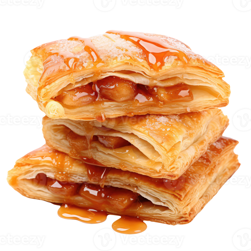 Three pieces of pastry with caramel sauce on top png