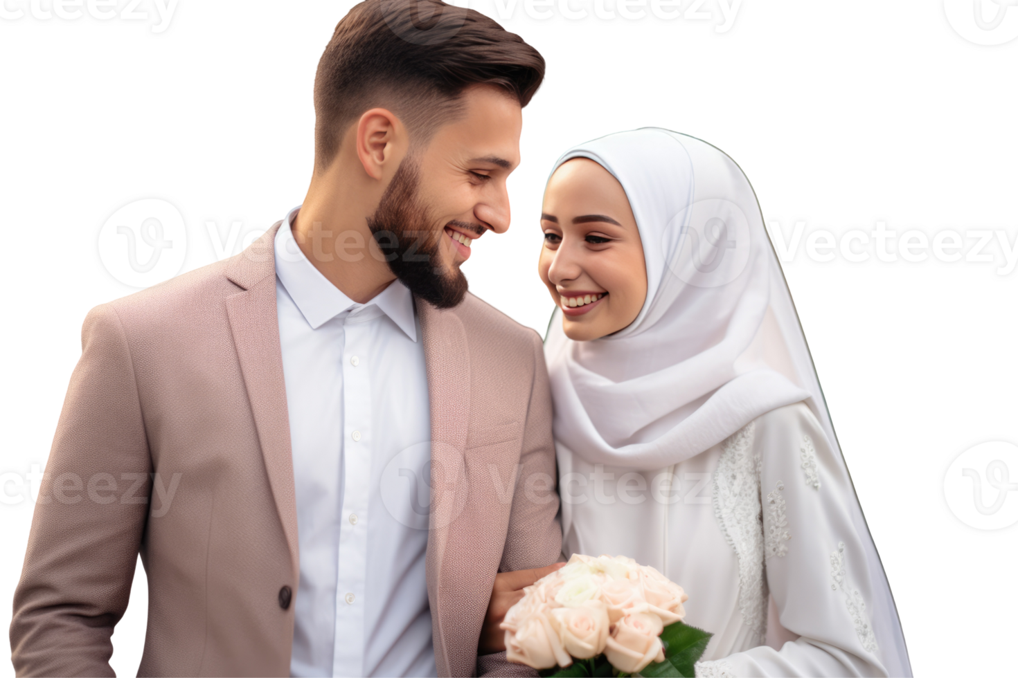 Romantic Couple at Each Other and Roses Bouquet for Photo. png