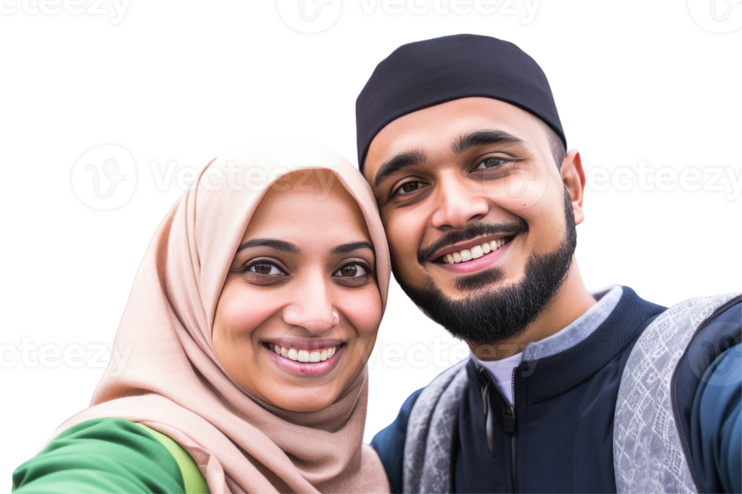 A young couple in hijab pose for a selfie. png
