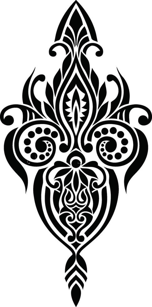 artwork An elaborate black floral damask pattern reminiscent of vintage textiles with intricate swirls and a central leaf motif vector