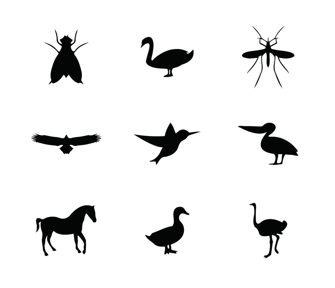 A striking silhouette art gallery featuring diverse animals horse birds and insects showcasing nature beauty vector