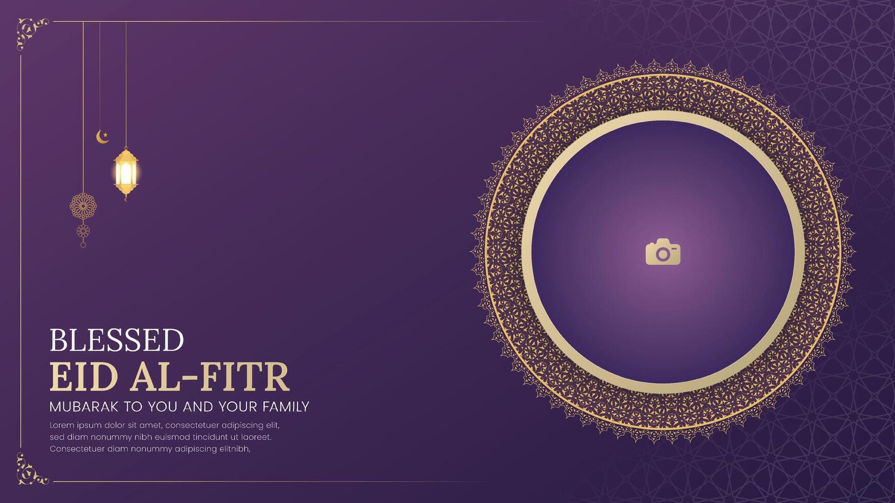 Eid al Fitr Mubarak Arabic Islamic Elegant Luxury Ornamental Greeting Card Background with Arabic border photo frame vector