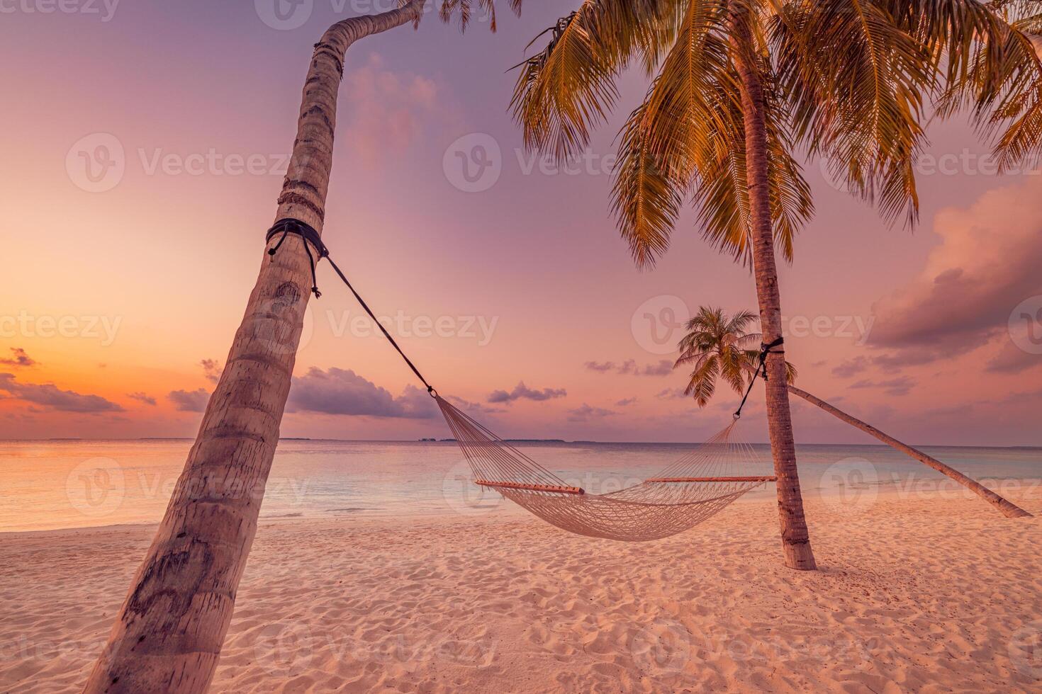 Sunset swing hammock on palm trees romance carefree adventure freedom relax peace calmness inspire meditation positive energy tropical beach paradise summer vacation travel getaway photo