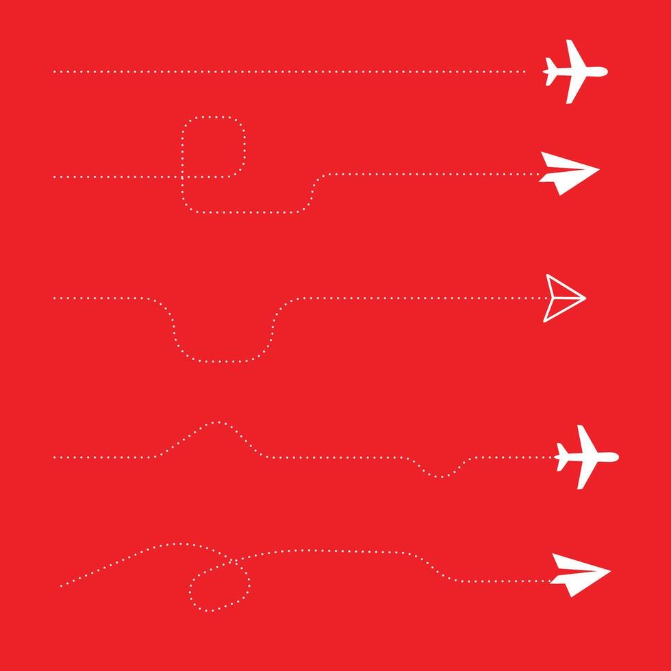 Airplane and hand drawn paper routes. Travel icon and dotted line tracing collection. red background vector